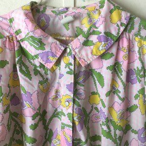 Vintage short sleeve snap button robe house coat dress pink with floral pattern